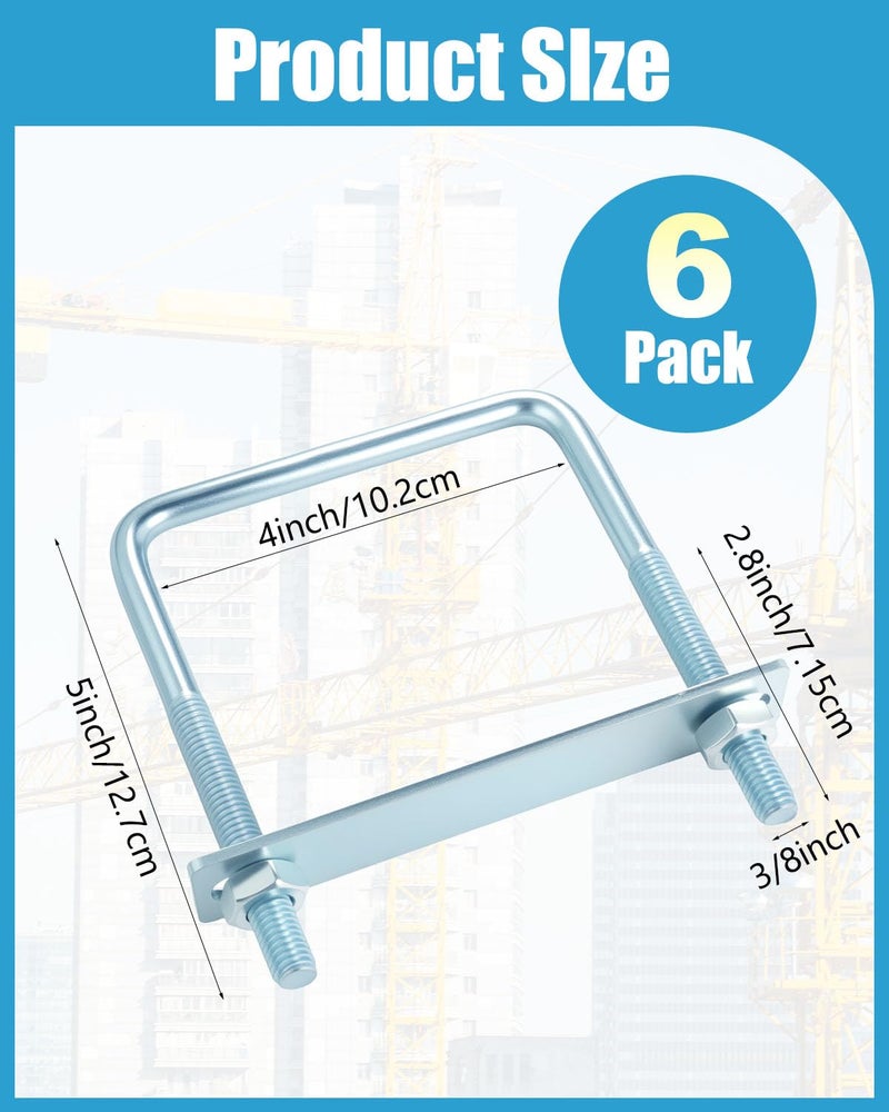 AOKLIT 6 Pcs U Bolts 4 Inch Wide Zinc Plated, Square U Bolt Carbon Steel for Sailboat Trailers, Tube, Industrial Supplies(3/8"" x 4"" x 5""') - Image 2